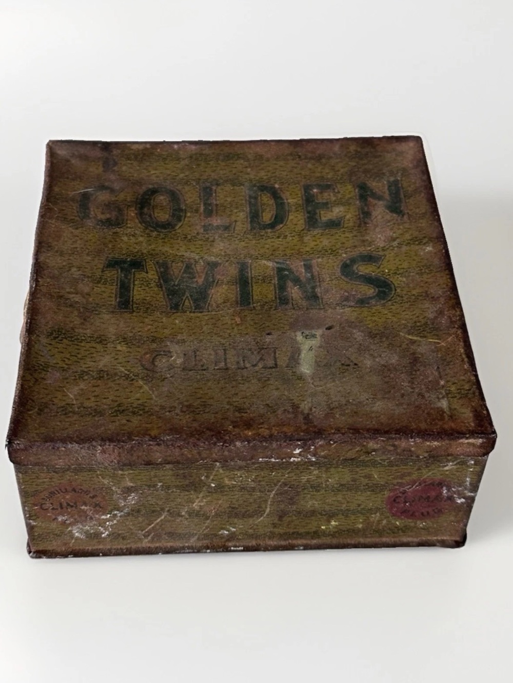 "GOLDEN TWINS CLIMAX" ADVERTISING SMOKING PIPE TOBACCO TIN, ANTIQUE VINTAGE